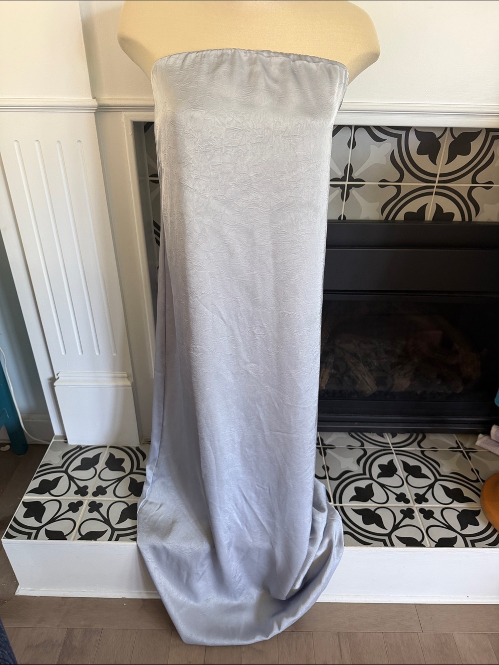 Strapless Silver-Gray Bluey Satin Maxi Dress
